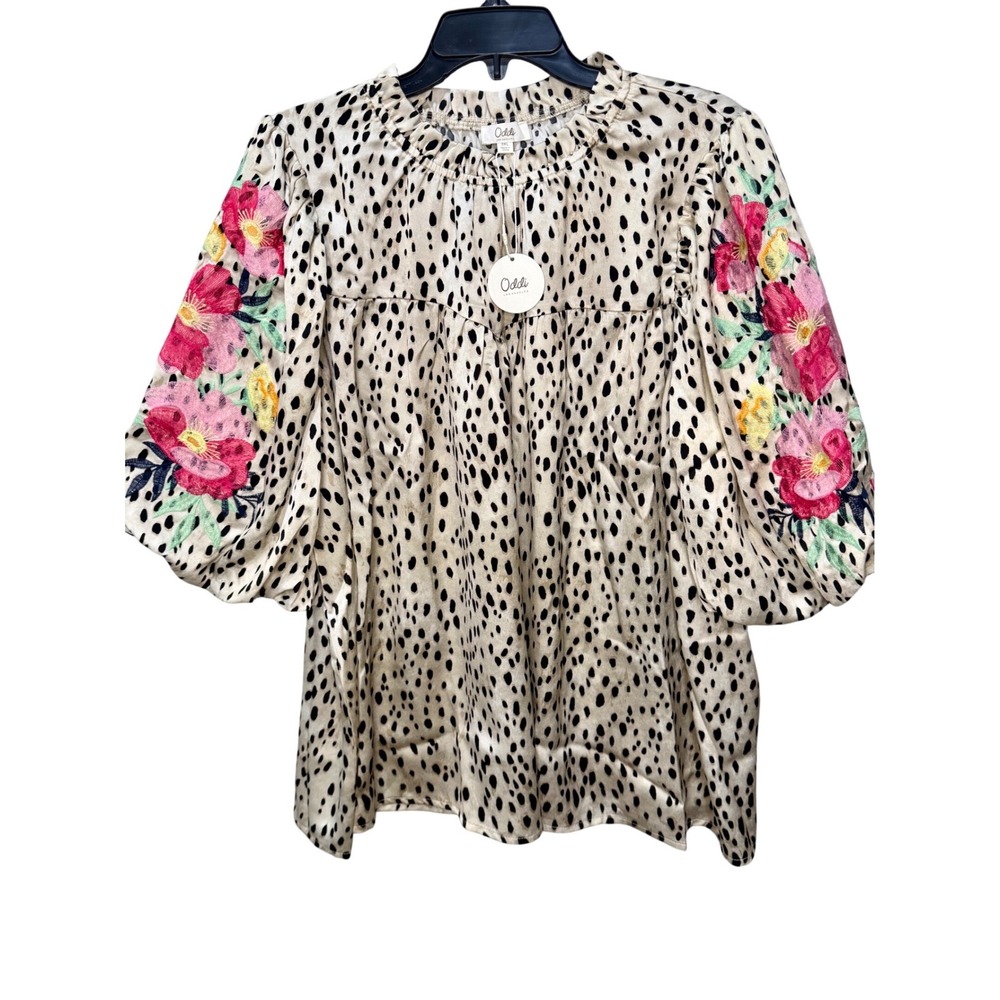 Oddi Cheetah Print Floral Embroidered Boho Puff Sleeve Blouse Babydoll 3XL NEW